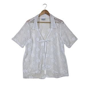 Vintage 90s Fashion Bug Top Cardi 18/20 White Sheer Lace Tie Dreamy Romantic